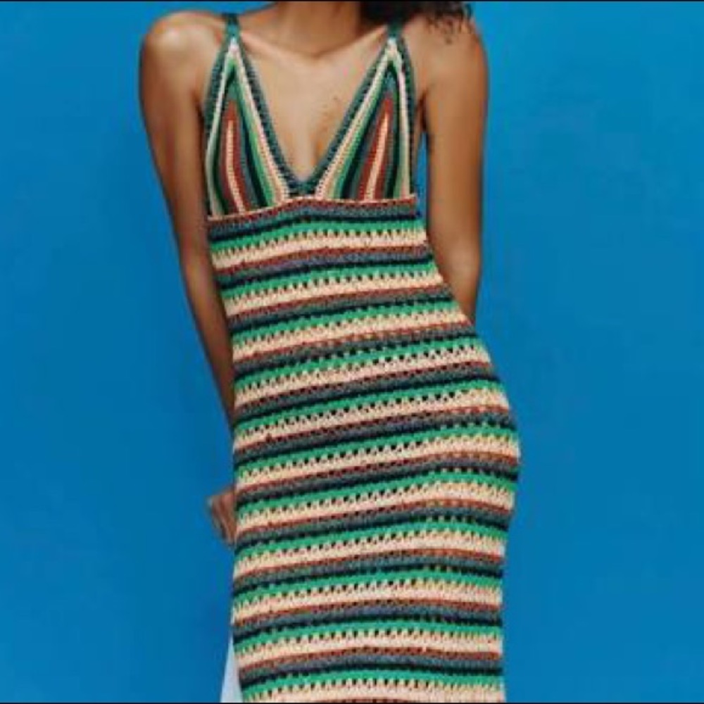ZARA Striped Knitted Dress Medium Multi Crochet Lace Plunged Maxi